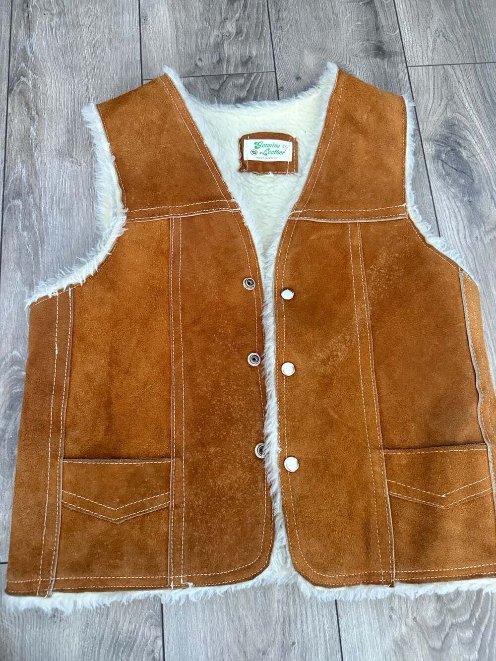 Vintage Genuine Leather Suede Sherpa Lined Western Snap Vest Made in Mexico